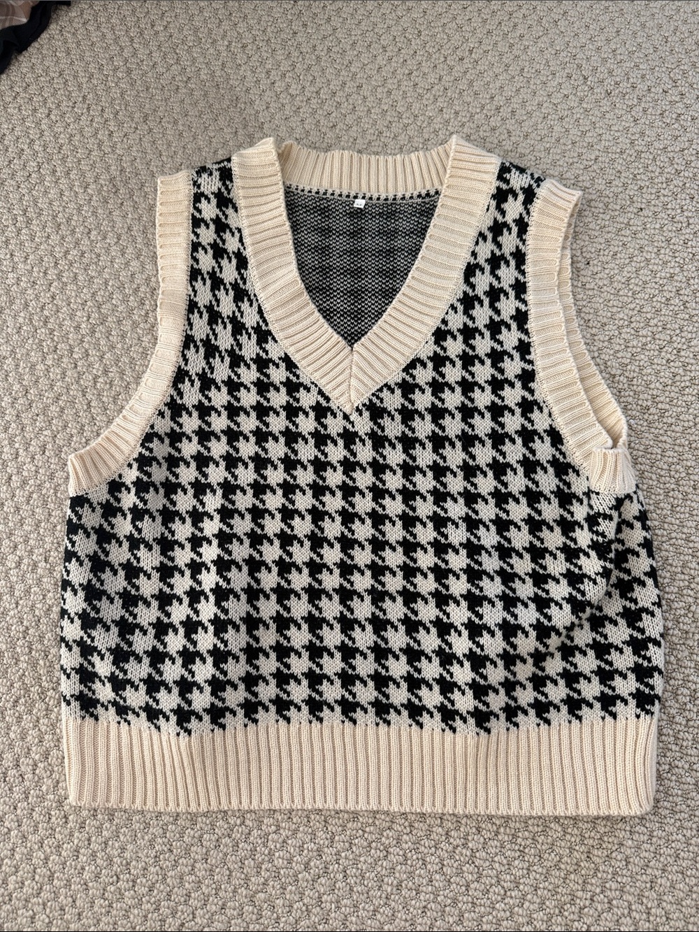 Cream and Black Houndstooth V-Neck Sweater Vest